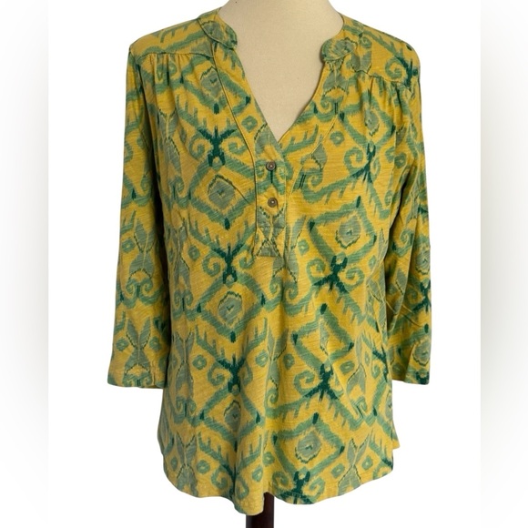 Fresh Produce Jersey Blouse Roll Tab Sleeves Yellow Green Top Size Large USA - Picture 1 of 10
